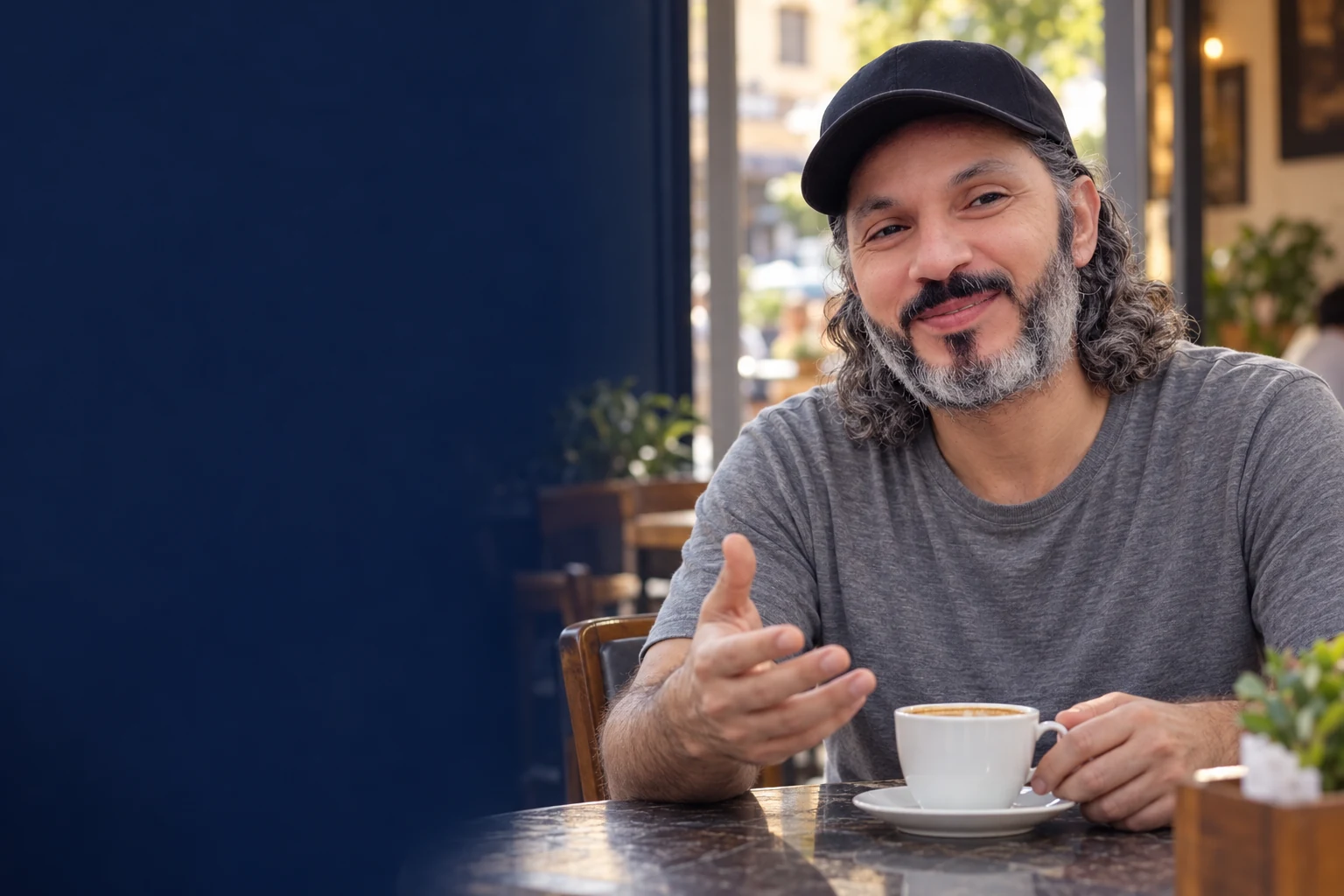 Illustrative personal-brand portrait of Ezz Ashater at a café