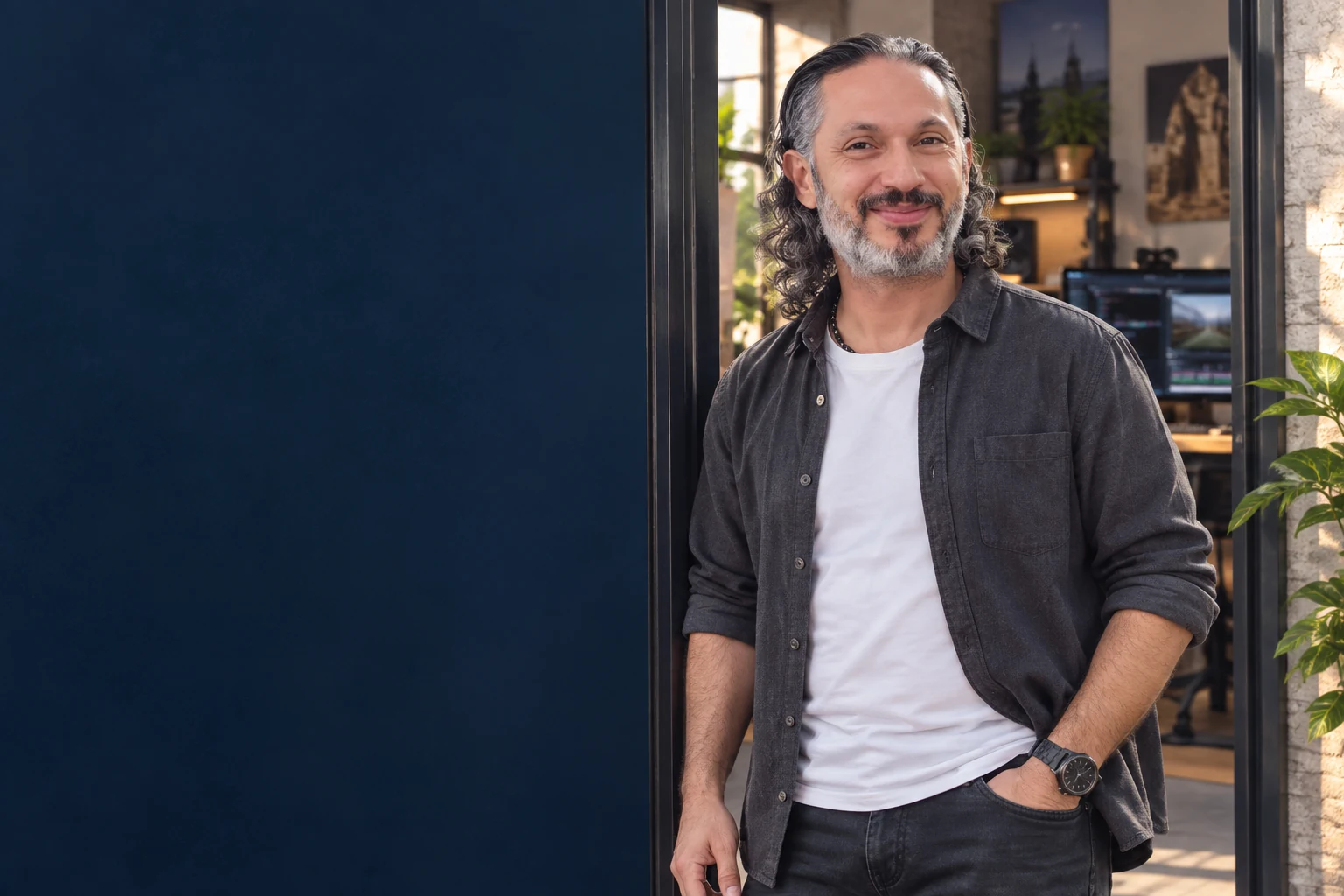 Illustrative brand portrait of Ezz Ashater in a technology studio