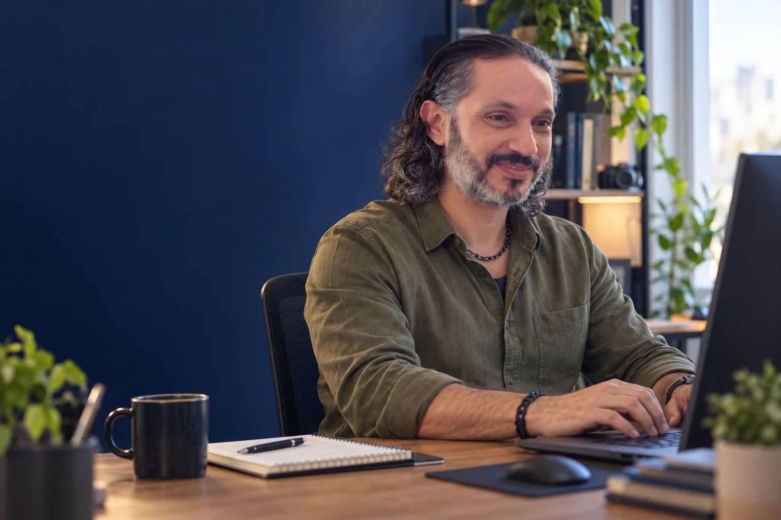 Illustrative scene of Ezz Ashater working on a laptop
