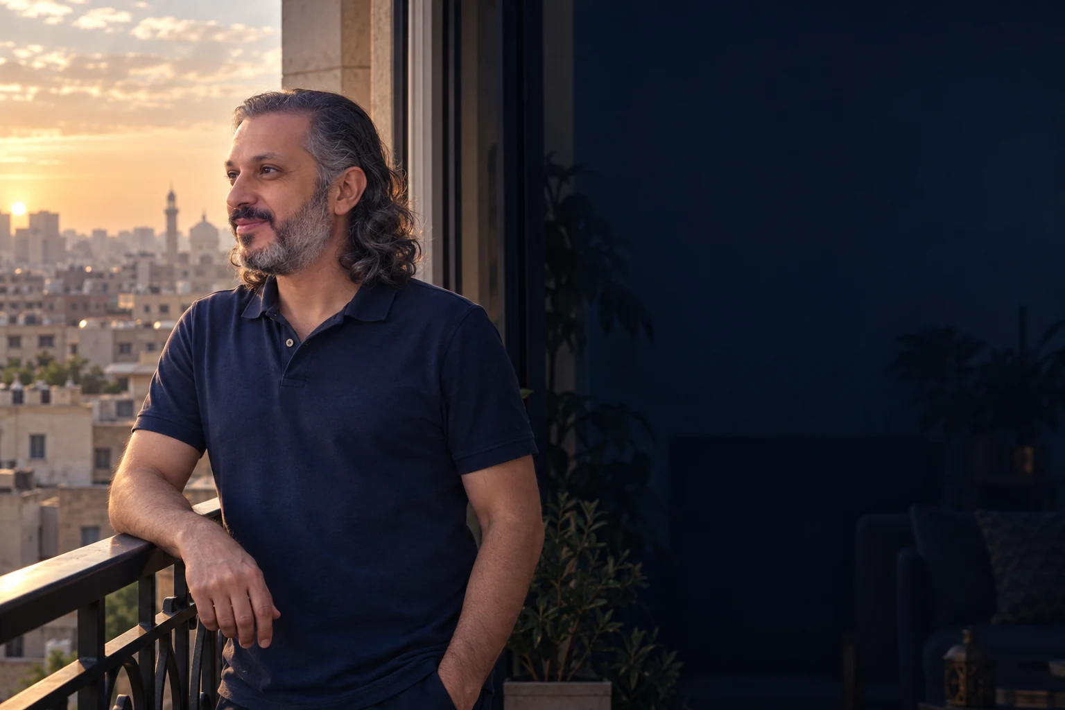 Illustrative brand scene of Ezz Ashater looking out over the city from a balcony